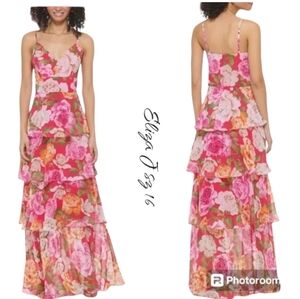 NWT Eliza J Floral Tiered Maxi Dress 16 Pink V-Neck Ruffle Chiffon Gown Wedding